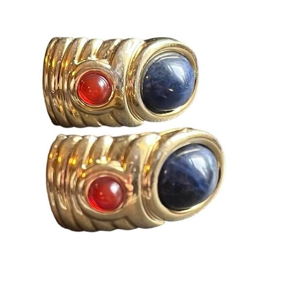 Vintage Signed Francesca
Romano Blue Sodalite Etruscan Clip On Earrings - Picture 2 of 16